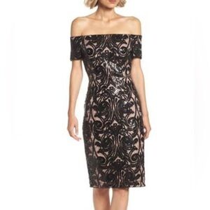 NWT Adrianna Papell Off The Shoulder Black Short Sequin Dress Size 6 $229